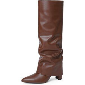 Women Brown Slouchy Faux Leather Fold Over Knee High Chunky High Heels Long Boot